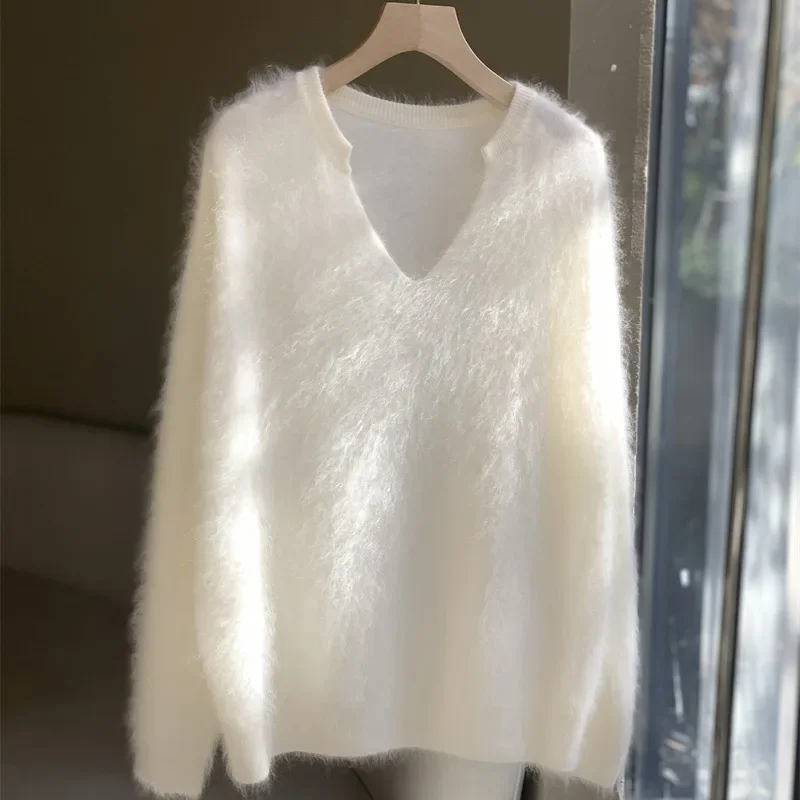 Soft Supple High-End Feelmink Knitted Top Yellow Angora Sweater Women's Autumn/Winter Idle Style Warm Comfortable V-Neck Pullove