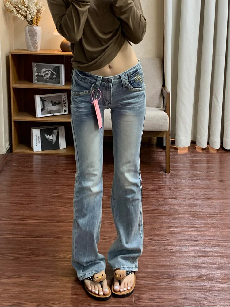 plus Size American Retro Leopard Print Patchwork Washed Denim Pants Women Design Sensibility Slim Fit Elastic Slim Straight L...