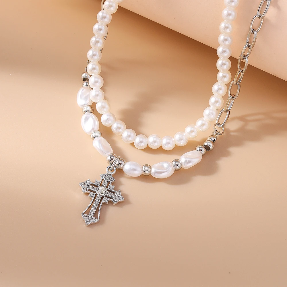 Aihua Y2K Damen Perlen-Zirkon-Kreuz-Anhänger Halskette für Damen Mädchen Mode Party Trendiger Schmuck Geschenke – Detail 2
