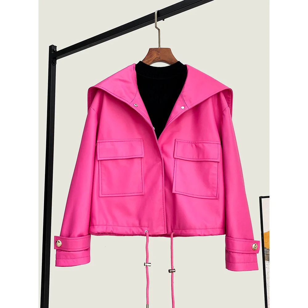 2025 Autumn New Genuine Leather Jacket For Women Navy Collar Sheepskin Leather Loose Fashionable Slim Hooded Drawstring Coat