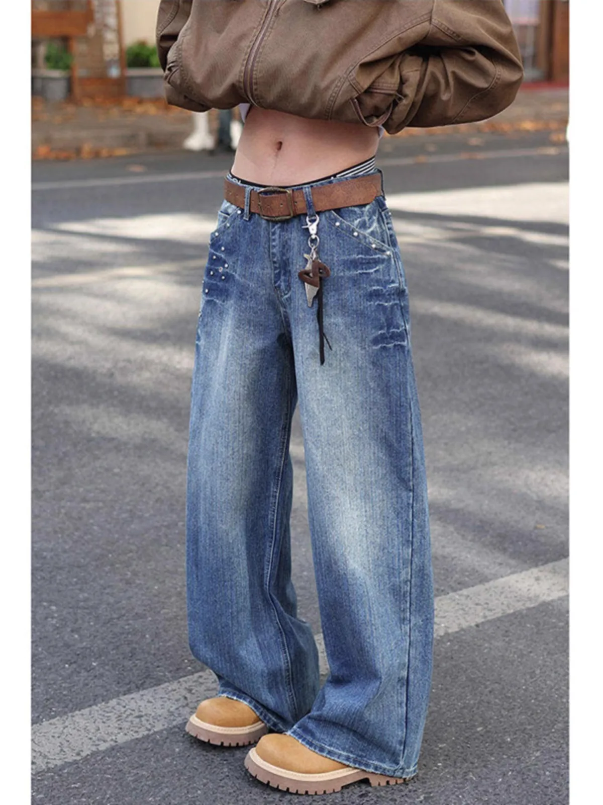 

Ретро американские синие джинсы с заклепками, мужские уличные прямые широкие брюки, модные брендовые джинсы с заклепками