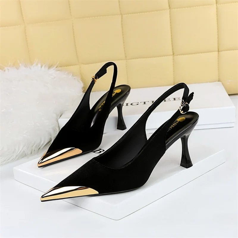 Elegant Women Green High Heel Velvet Pumps Wedding Party Slingback Sandals Metal Pointed Toe Hollow Buckle Wine Red Shoes