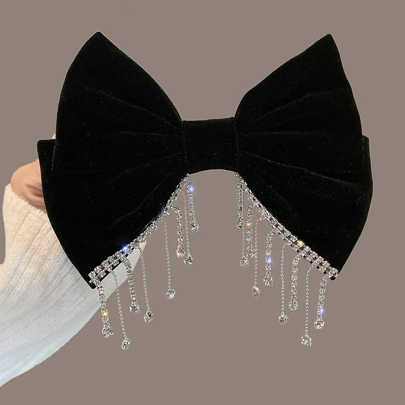 New Big Bow Bling Rhinestone Tassels Hair Clip Satin Hairpins Barrettes Ponytail Clip Elegant Shiny Double Bow Hairpin Heawear