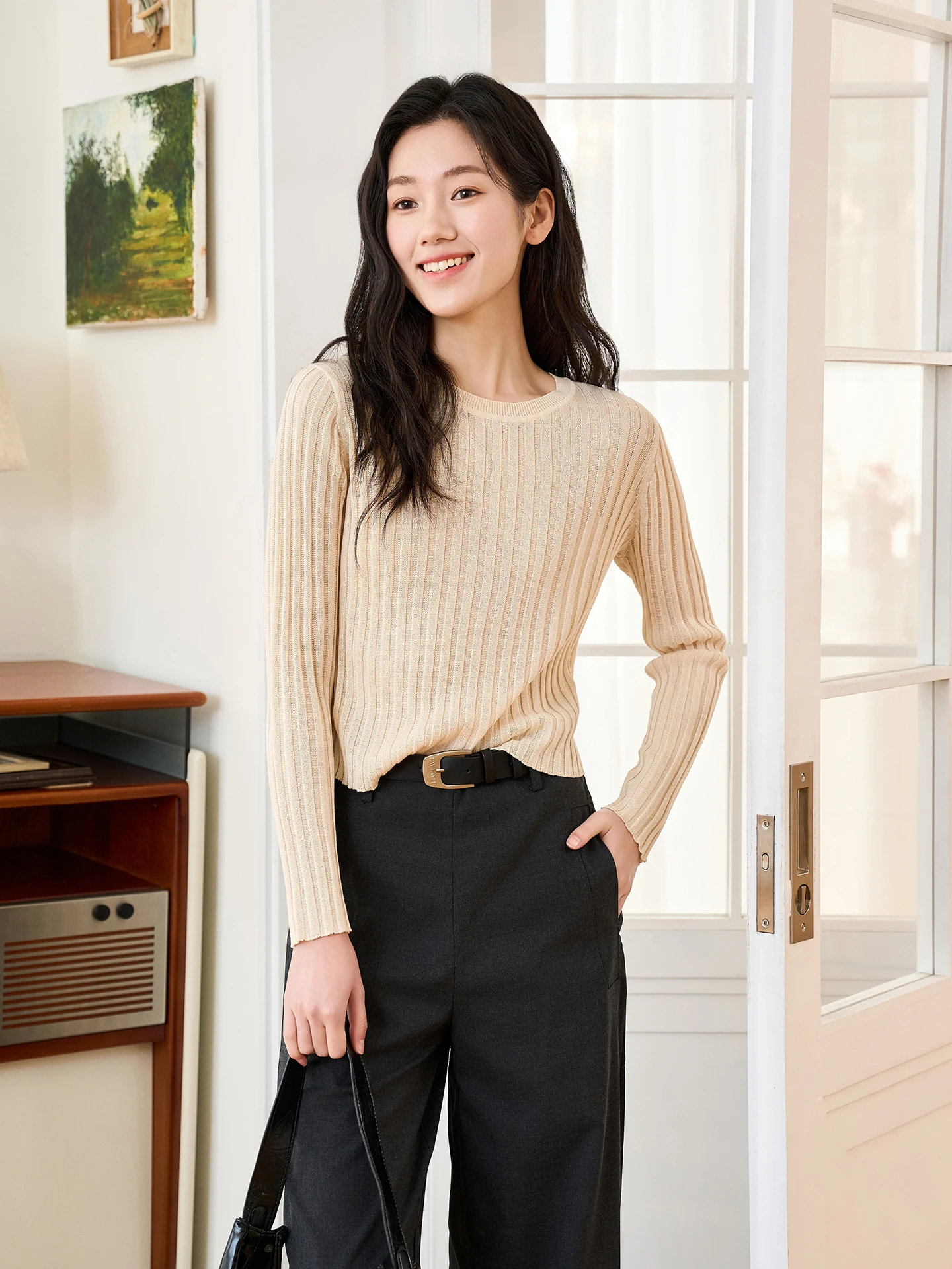 

Женский вязаный свитер Fay-Fayee с вертикальными полосками, мягкий, приятный к телу, простой, новый, весенний, с круглым вырезом, длинными рукавами