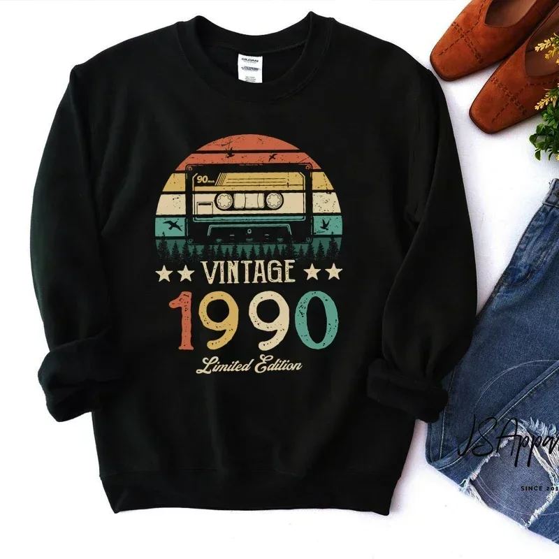 Original Design Vintage Magnetic Tape 1990 35th 35 Years Old Women Sweatshirt Harajuku O Neck Birthday Party Clothes Jumper Top