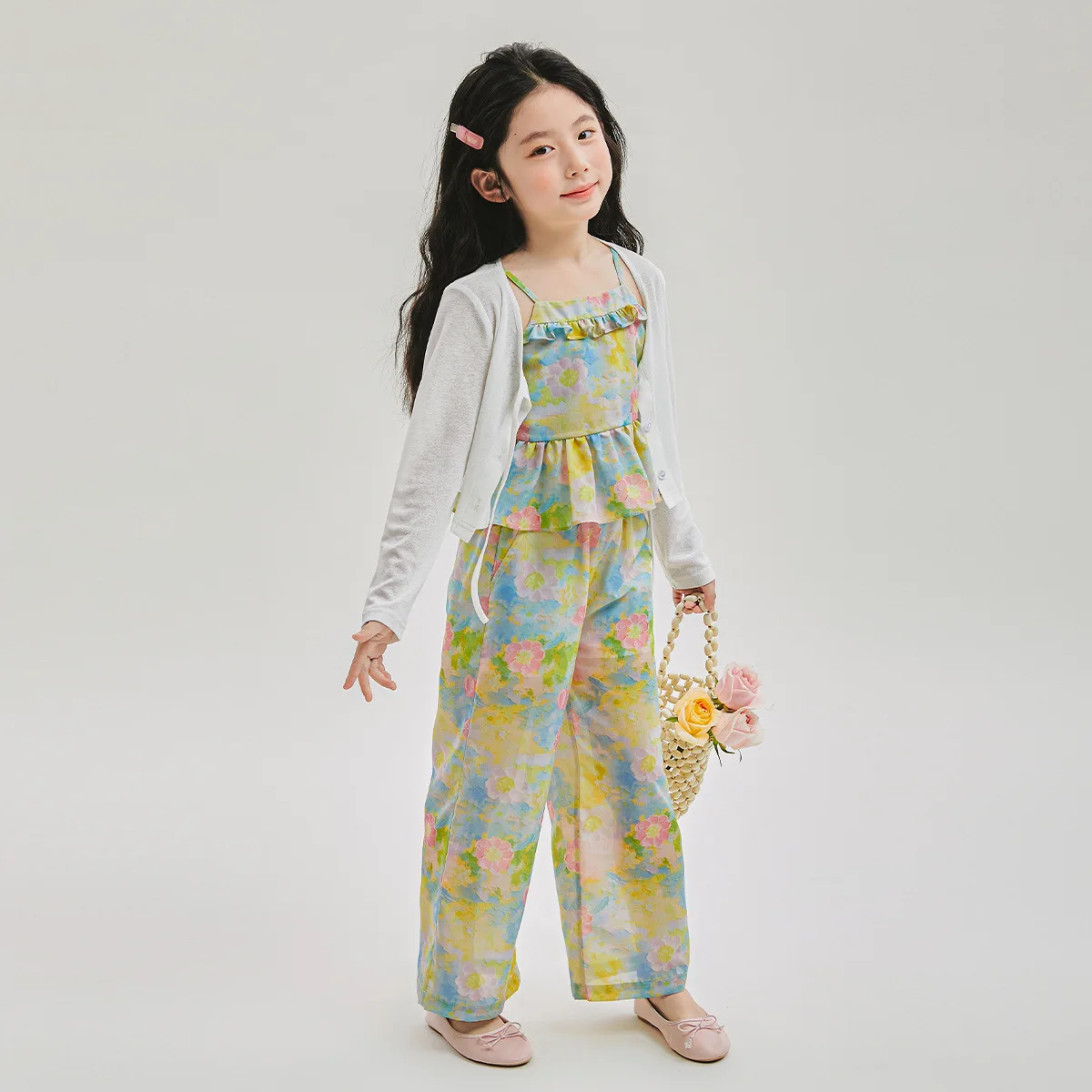 2024 Korean Summer School Girl Clothing Set Teenager Girl Flower Printed Sling Tops+Wide-leg Pants Kids Girl 2PCS Clothes Set