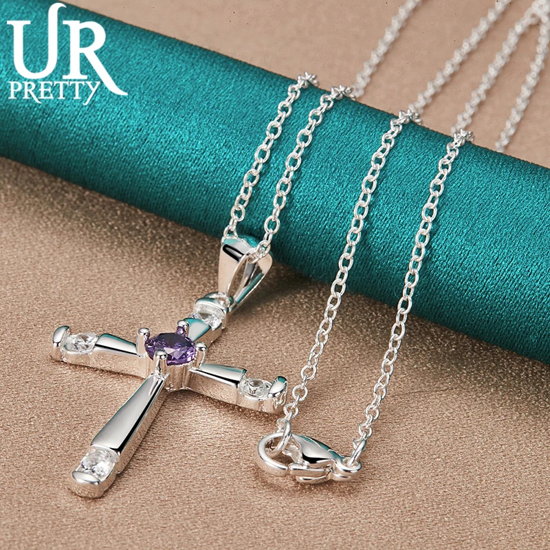 URPRETTY 925 Sterling Silver Cross Purple Zircon Pendant Necklace 16/18/20/22/24/26/28/30 Inch Chain For Woman Wedding Jewelry