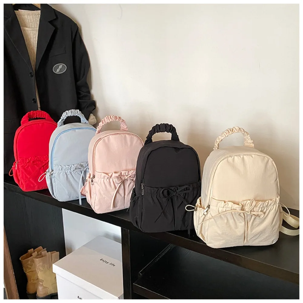 Japanese Style Women's Backpack, Lightweight Fashion Student Bag with Bow, Simple Solid Color Casual Travel Rucksack for School