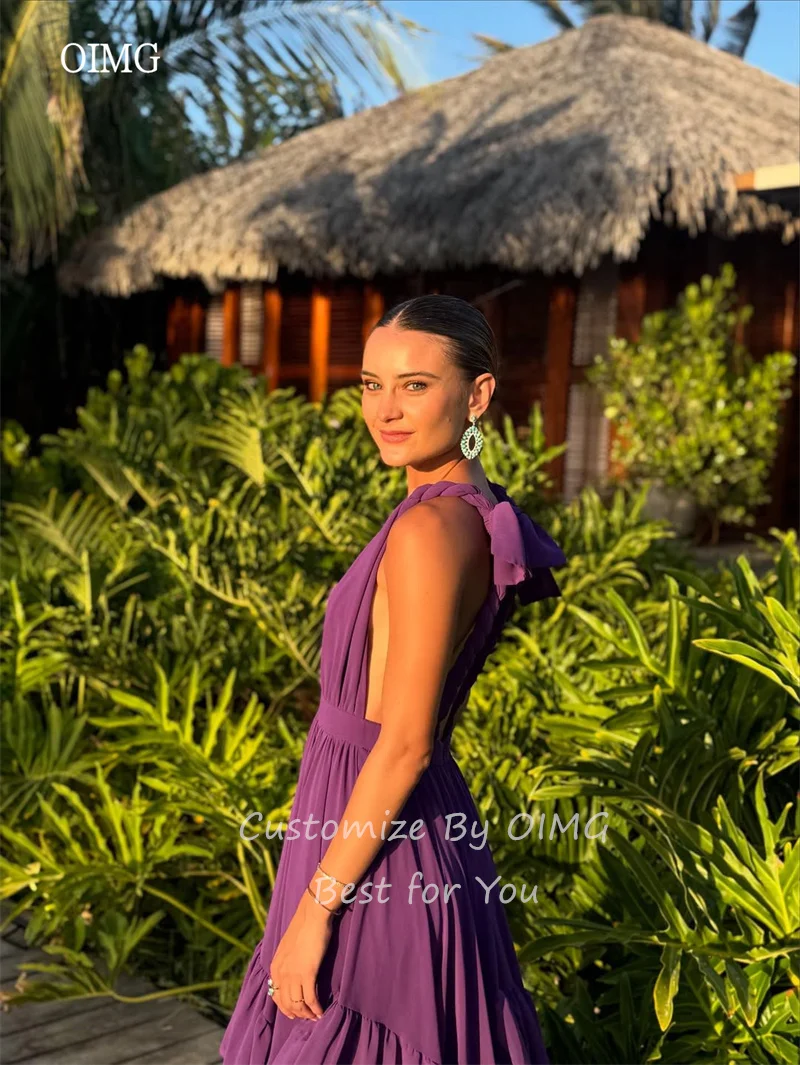 OIMG Viola Scollo a V A Line Abiti da ballo Chiffon Backless Increspato Abito da festa Lunghezza pavimento Abito da sera perfetto per feste Personalizzato