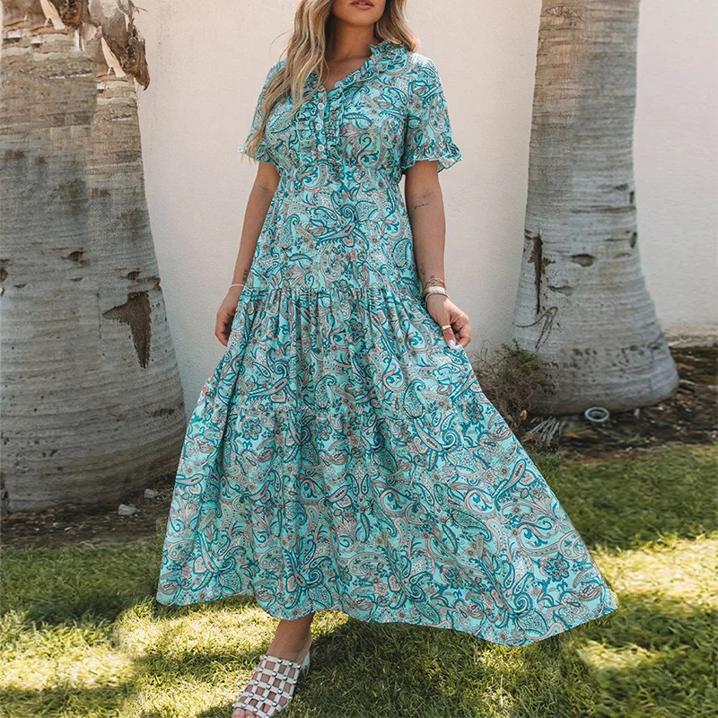 Übergröße Paisley-Print Kleid V-Ausschnitt Kurzarm Böhmisches Urlaubskleid mit Rüschen und Lagen für Damen – Detail 4