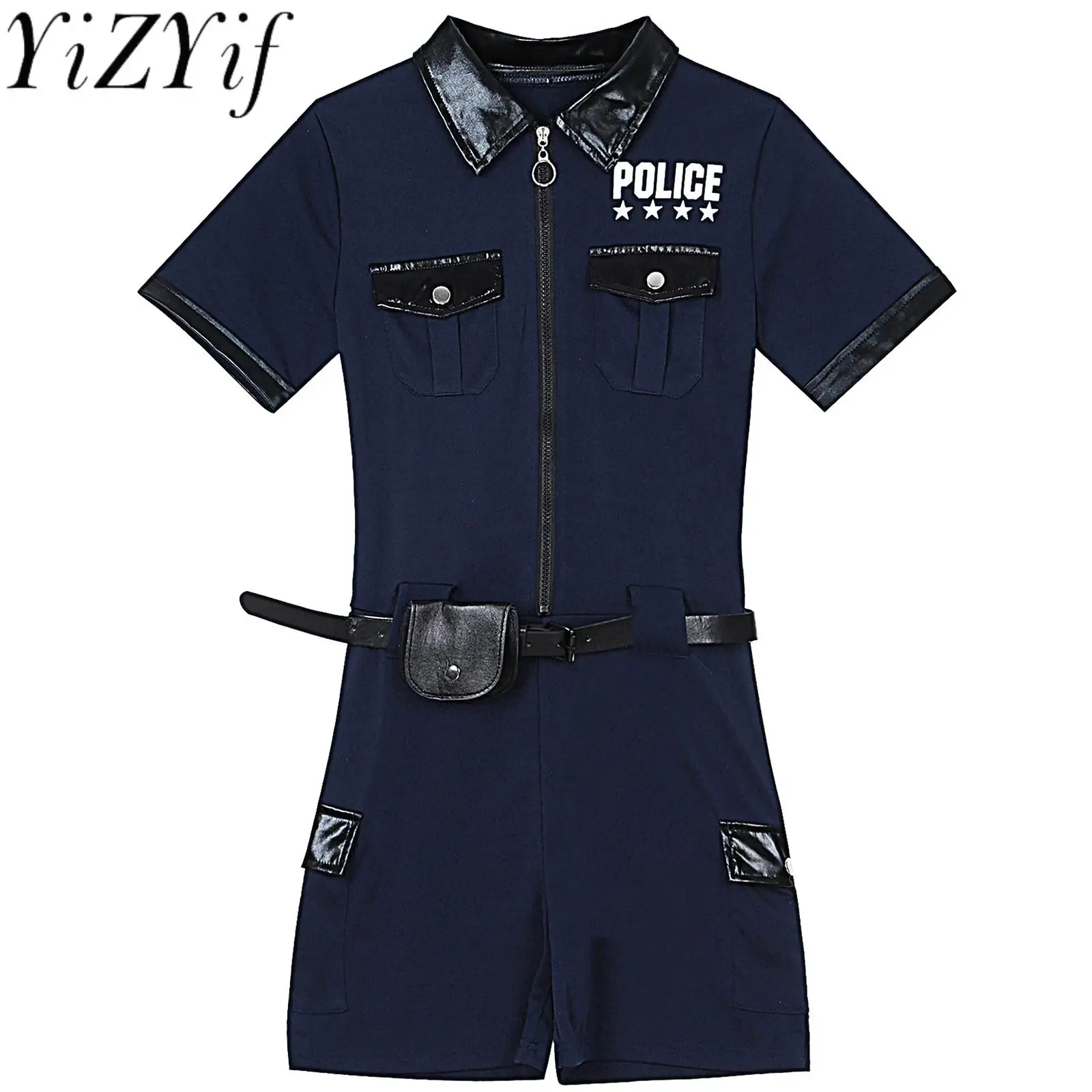 بدلة نسائية لضابط الشرطة كرنفال كونب بأكمام قصيرة وطباعة حروف مع حزام ومحفظة ملابس الشرطة للهالوين