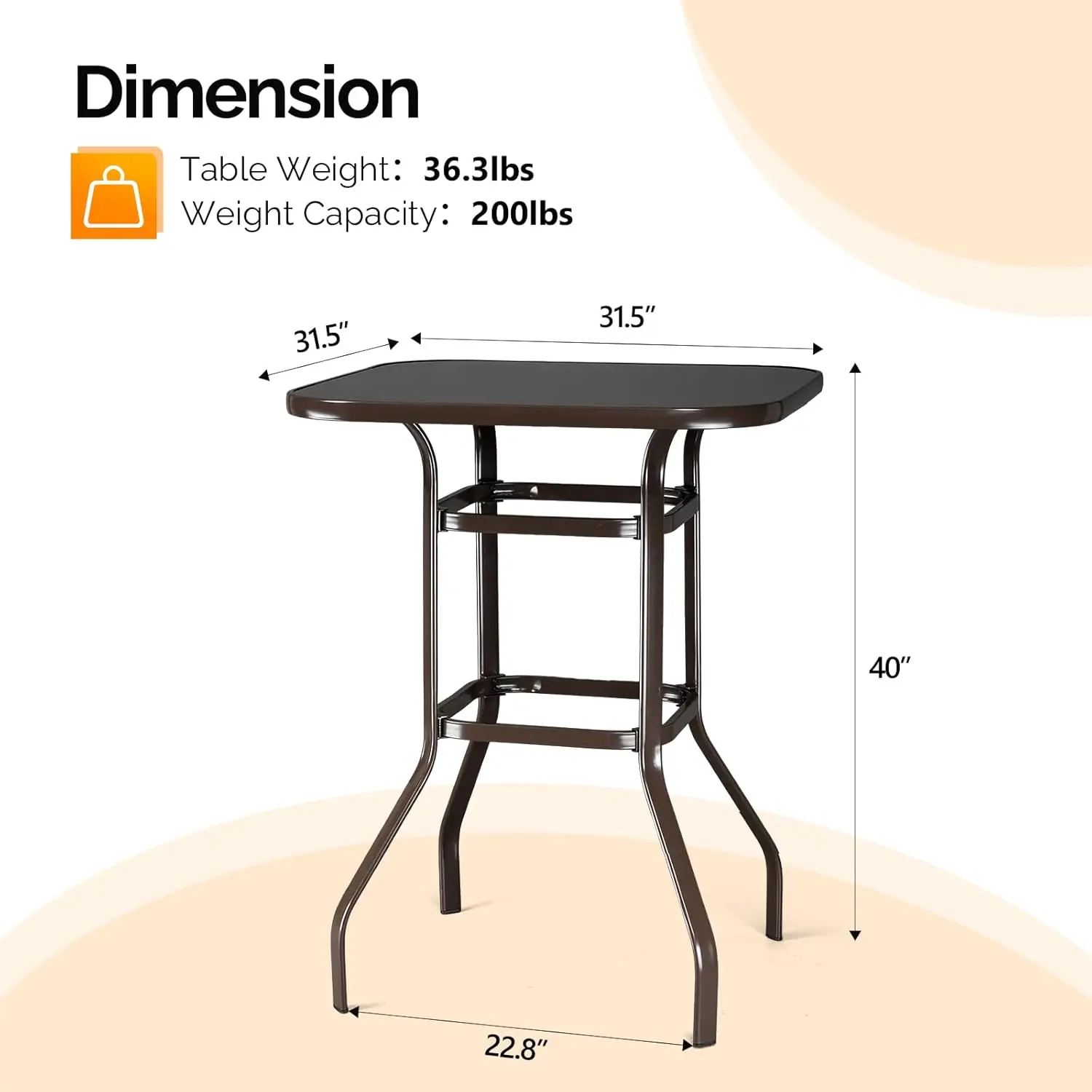 Mesa de altura interna e externa, mesa metálica para pátio, quintal, piscina e jardim, marrom, quadrado, vidro temperado, 31,5"