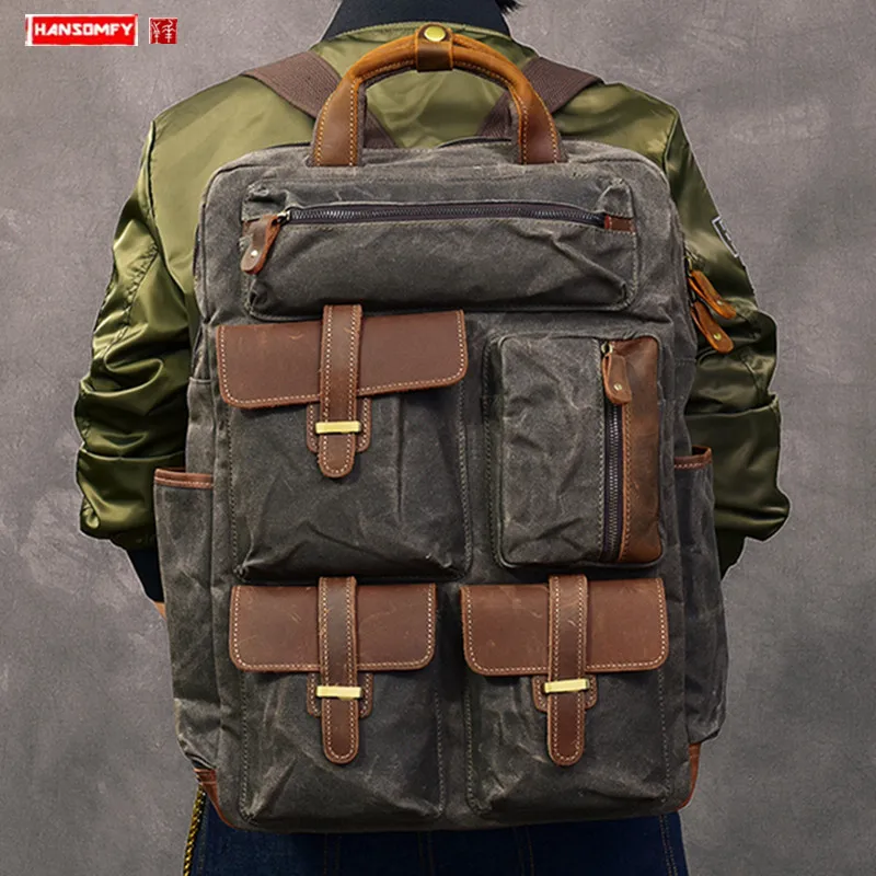 

Retro Canvas with Leather Men's Backpack Large Capacity Laptop Bag Vertical Multi-pocket Waterproof Travel Backpacks Schoolbag