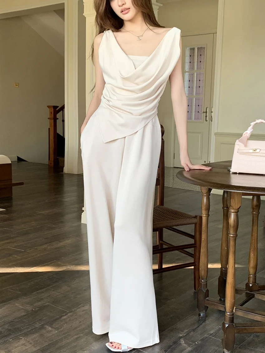 Alien Kitty 2025 Summer Minimalist Suits Elegant Women Daily New Slim Casual Chic Tank Tops Slim Office Lady Wide Leg Pants Sets