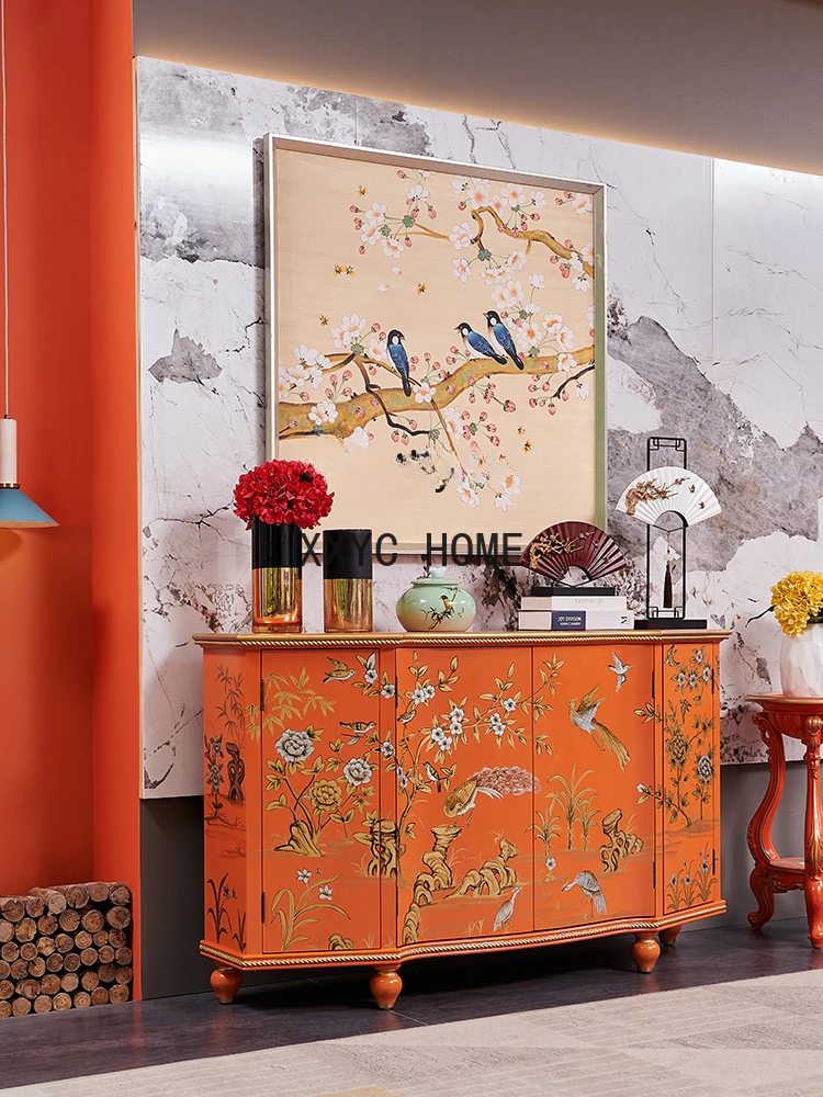 

European Style Painted Home Living Room Hallway Decoration Hall Cabinet Chinese Style Orange Flower and Bird Sideboard Cabinet