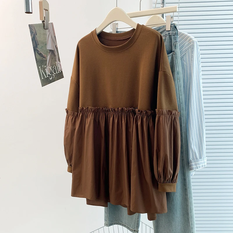 

SuperAen 2025 Autumn New Design Folds Spliced Oversize Long-sleeved T-shirt Solid Color O-neck Elegant Casual Tops