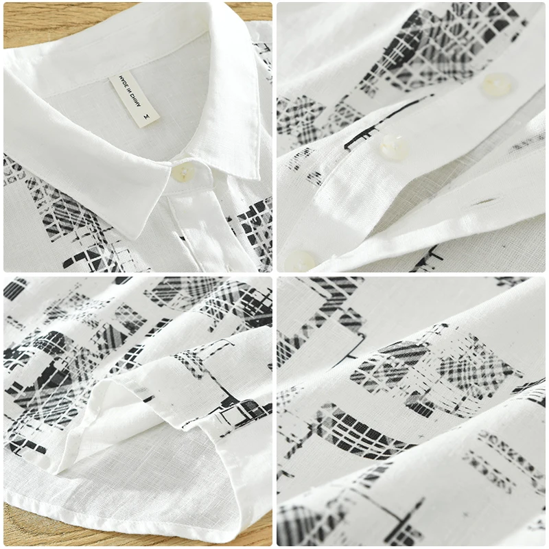 New Designer Short-sleeved Casual Printing Pure Linen Brand Shirts For Men Fashion Comfortable Tops Clothing Camisa Masculina