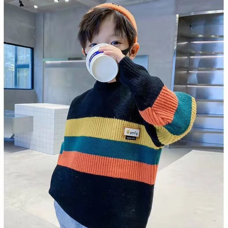 2023 New Kids Clothes Boys Knitted Autumn Winter Long Sleeve Crew Neck Casual Korean Striped Contrast Color Sweaters Jumpers