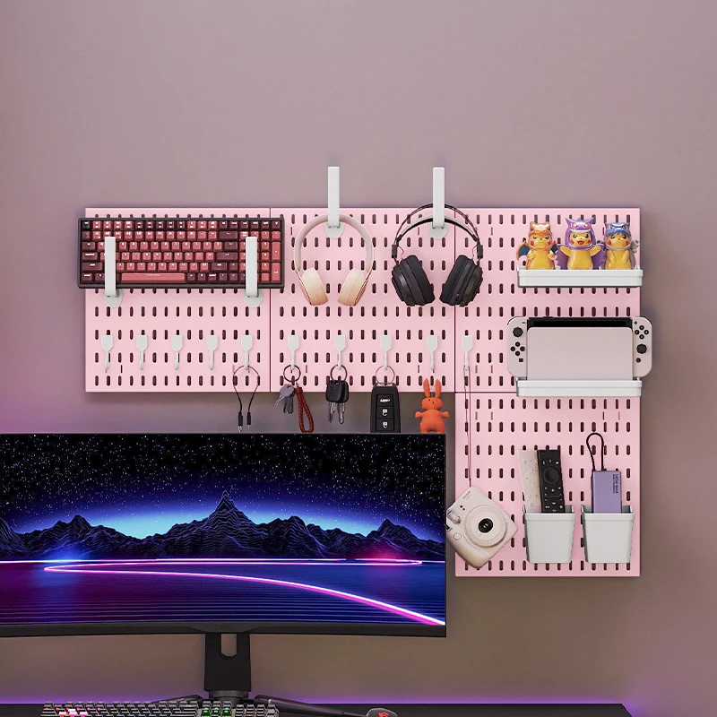 Pink No Drill Wall Pegboard Freely Splicable Wall Organizer for Gaming Desktop Small Sundries Storage