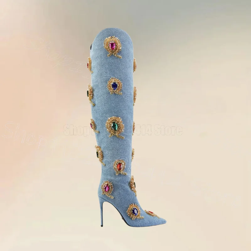 

Blue Denim Crystal Jewel Flower Pointed Toe Boots Side Zipper Women Shoes Thin High Heels Party Runway 2025 Zapatos Para Mujere