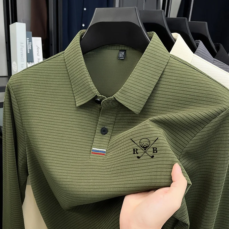 Neues Herren-Polohemd mit modischem Print, Original Frühling-Herbst, warmes, einfarbiges Langarm-T-Shirt, bequem für den Alltag, Büro, Herrenbekleidung – Detail 2