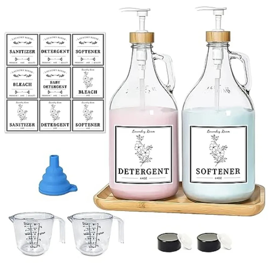 

2 Pcs Glass Laundry Detergent Dispenser Bottle, Liquid Laundry Soap Dispenser for Laundry Room, 64oz Detergent Bleach Softener