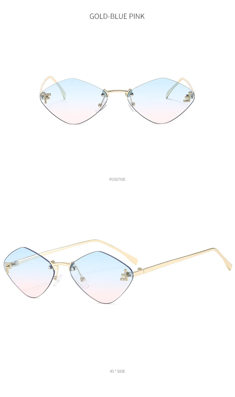 Trendige randlose rautenförmige Sonnenbrille F Damen-Sonnenbrille der Luxusmarke Damen klassische elegante Brillenschirme – Detail 13