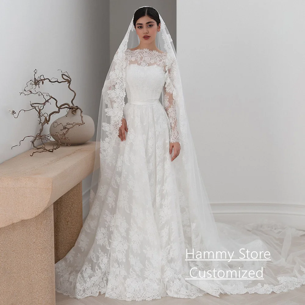 

Exquisite Lace Wedding Dress Arabian Bride Dresses Customized Full Sleeves Court Train Robe De Mariage Bridal Gowns