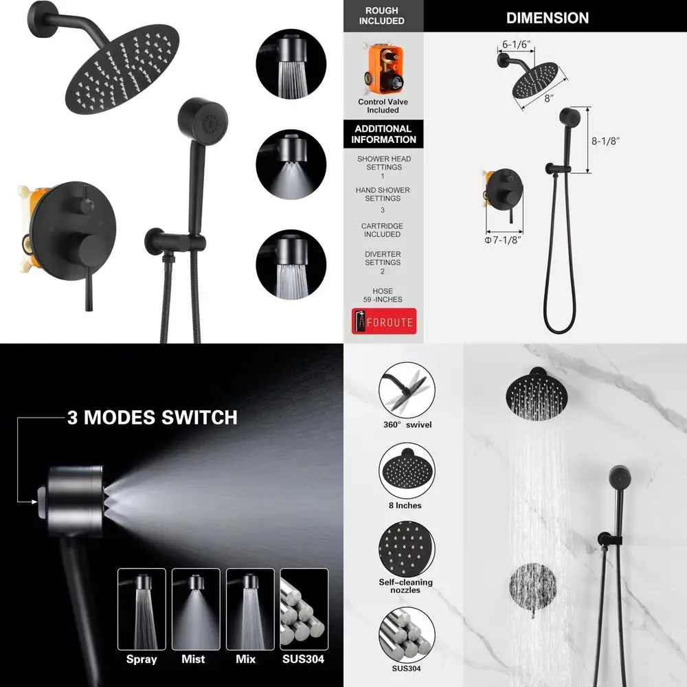 

Complete Shower Set with 8-Inch Rainfall Showerhead and 3-Function High-Pressure Shower Fixtures