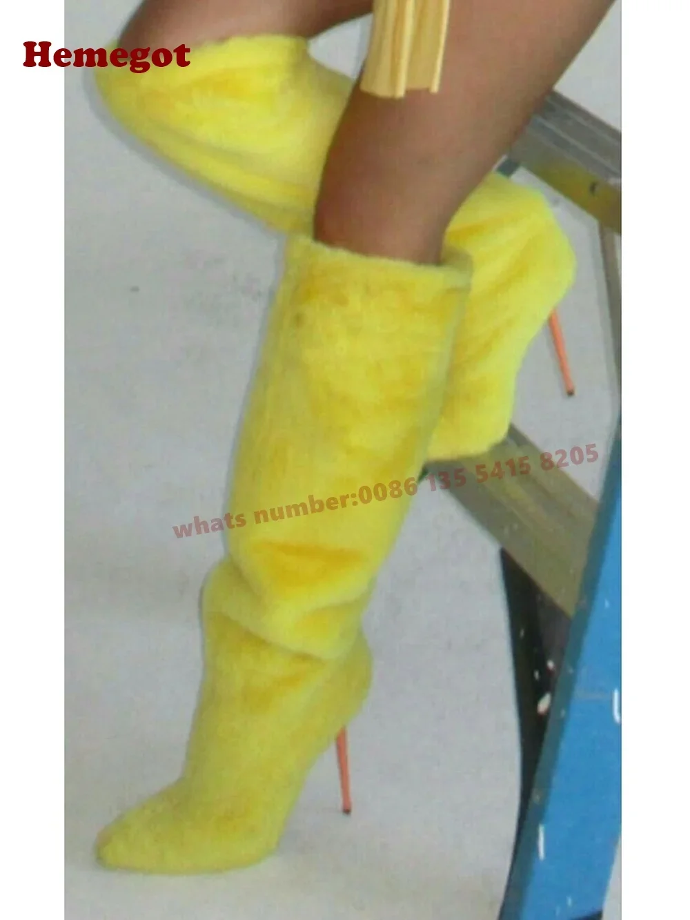 Round Toe Splicing Stiletto Women's Long Boots Yellow Fur Knee High Boots Thin High Heels Slip On Solid Warm Plush Winter Shoes