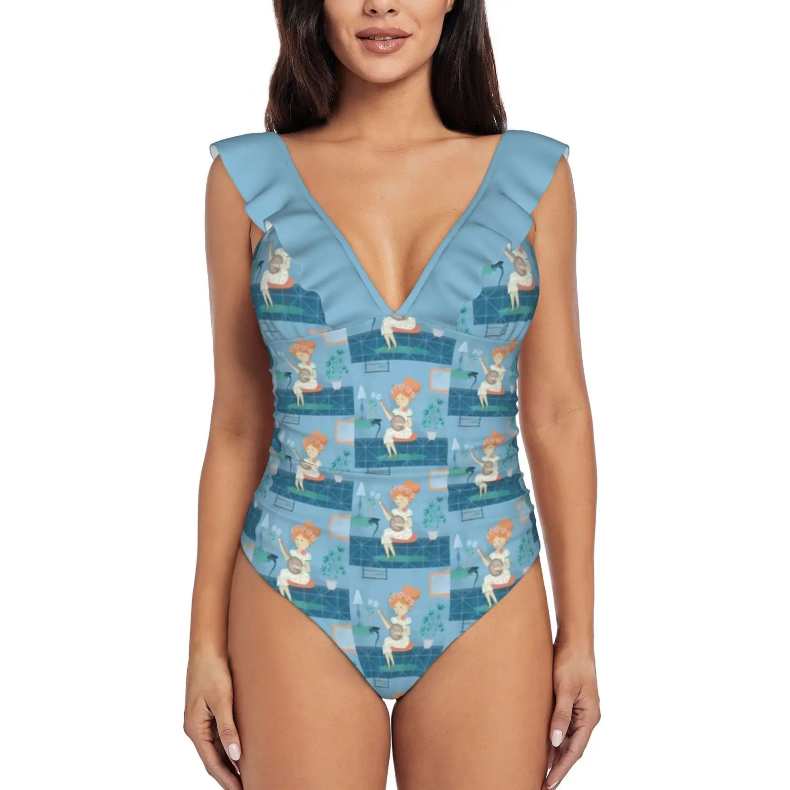 

Banjo Girl Sexy Ruffle Print Swimwear Women One Piece Swimsuit Female Monokini Bathing Suit Girls Music Banjo Blue Musical