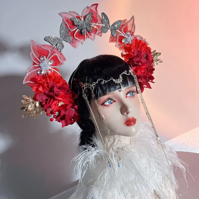 Lolita Fairy Butterfly Halo Crown Headpiece Bridal Wreaths Flowers Headband Women Girl Mermaid Princess Elf Cosplay Headdress