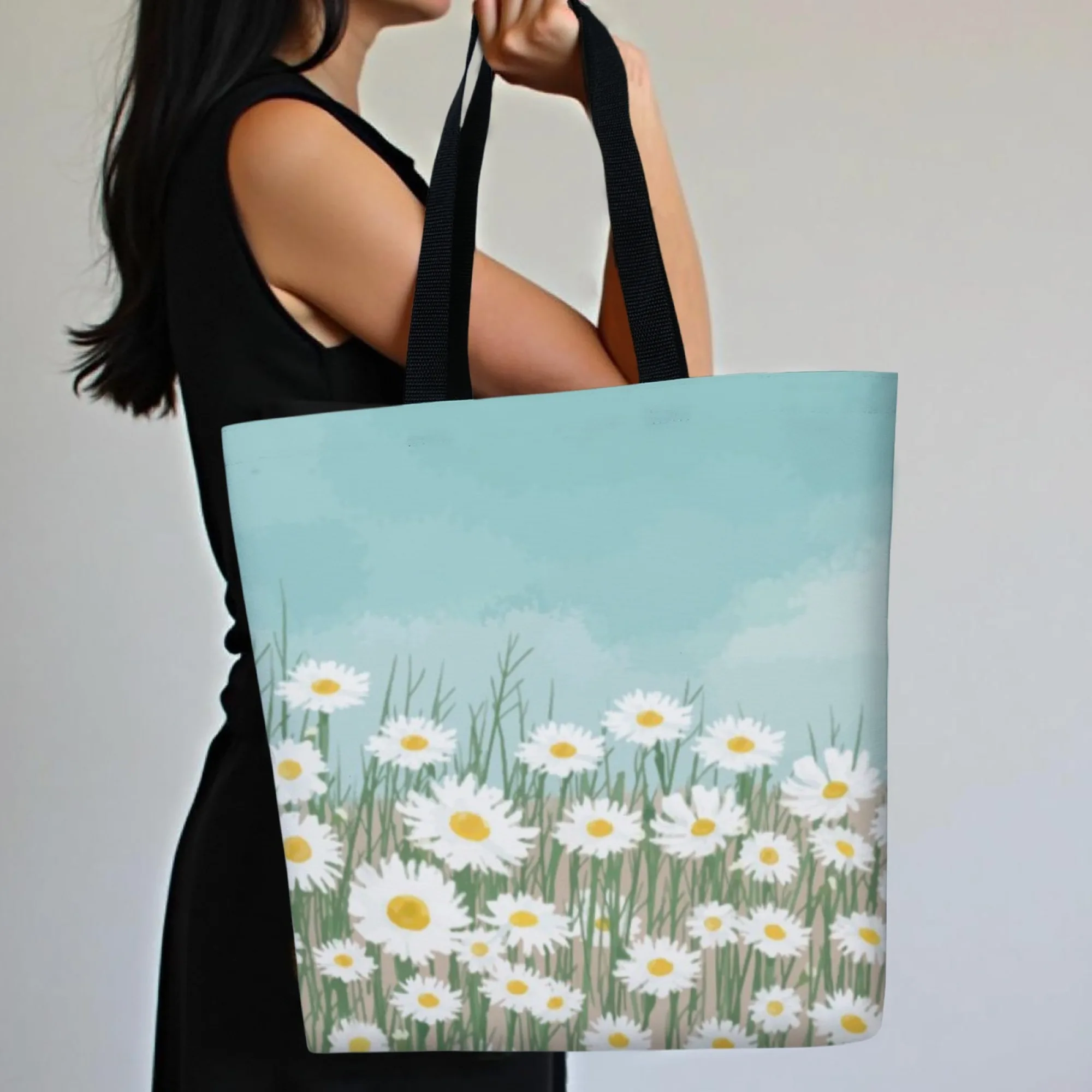 Durable Daisy Rural Canvas Tote Bag Sky Blue Fresh Print Large Capacity Casual Handbag for Women Reusable for Shopping Travel