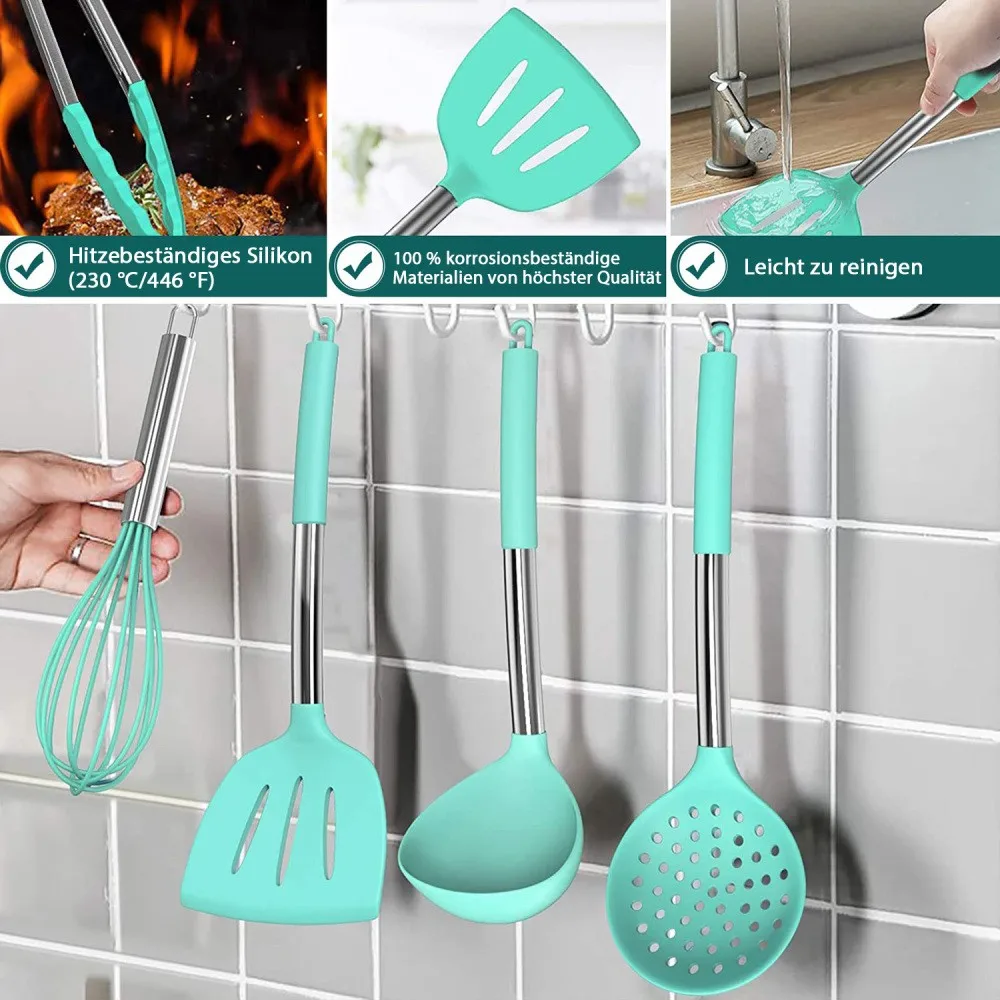 Juego de utensilios de cocina de silicona antiadherente, espátula, batidor de huevos, cuchara, mango de acero inoxidable, juego de herramientas de cocina, 45 piezas