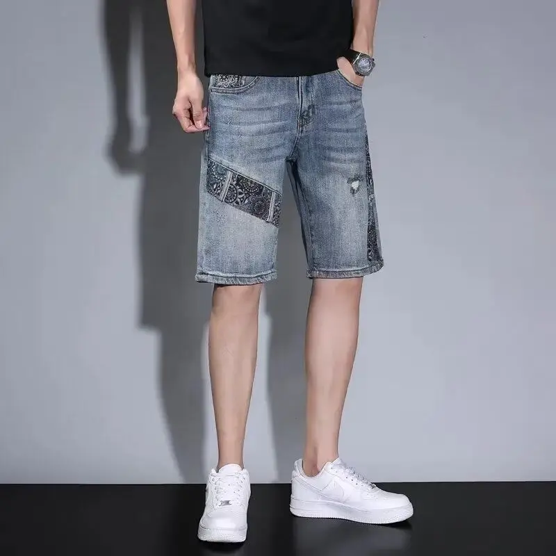 Fashion Luxury New National Printed Designer Men's Loose Fit Denim Shorts Casual Summer Knee Length Multi-pocketed Jeans Male