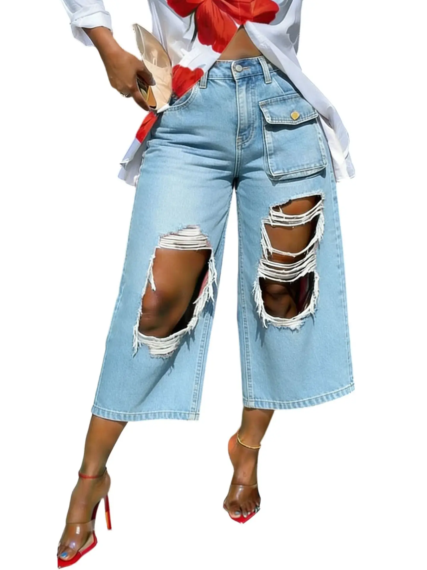 

Women Pants Solid Capris Hole Raw Edge Pocket Button Zipper Fly Empire Waist Calf Length Wide Leg Pants Streetwear 2026 Summer