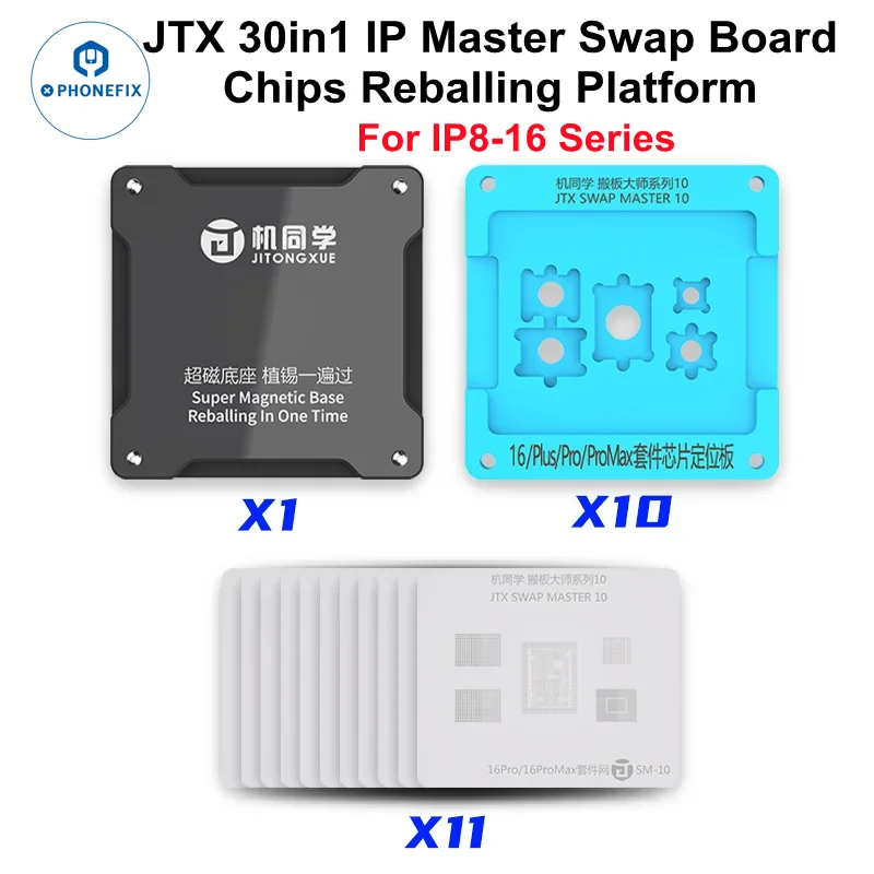 JITONGXUE 30in1 IP Master Swap Board Chips Reballing Stencil Platform For IPhone 8 X 11 12 13 14 15 16 Phone Repair Tools Kit