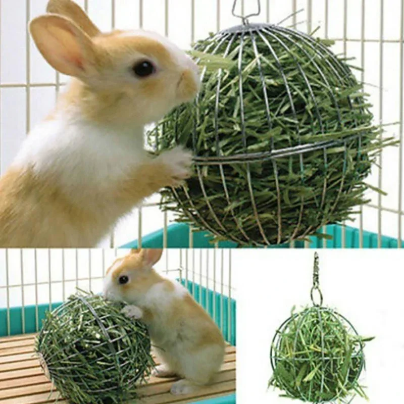 Stainless Steel Pet Rabbits Toys Round Sphere Feed Dispense Exercise Hanging Straw Ball for Guinea Pig Hamster Rat