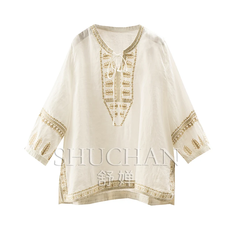 

100% Ramie, French Retro Ethnic Style Embroidery Loose Round Neck Seven-quarter Sleeve Shirt and Blouse Women