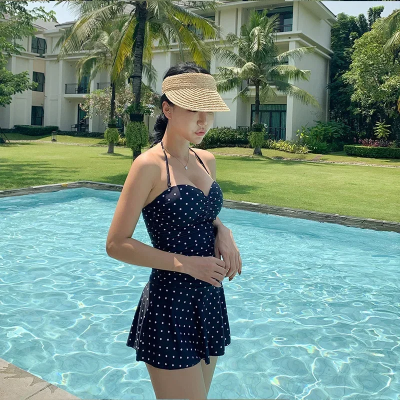 Women\'s Skirt Style Swimsuit Polka Dot Belted One-Piece Swimwear Sexy Backless Strappy Cut Out Monokini Girls Beach Bathing Suit