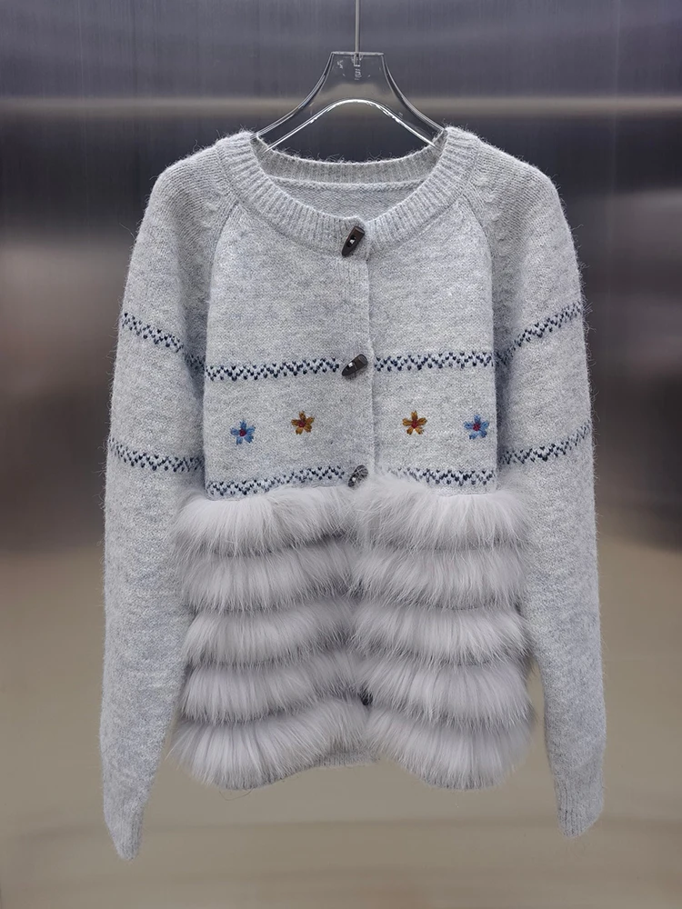 Herbst Winter Natürliche Fuchs Pelz Strickjacke Mantel Weibliche Frauen Kleidung Süße Luxus Plüsch Gestrickte Pullover Jacke