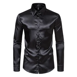 Camisa de seda preta de cetim masculina, smoking liso, Monocromática, Luxo, Casual, Negócios, Escritório, Casamento, Festa, Formatura, Moda