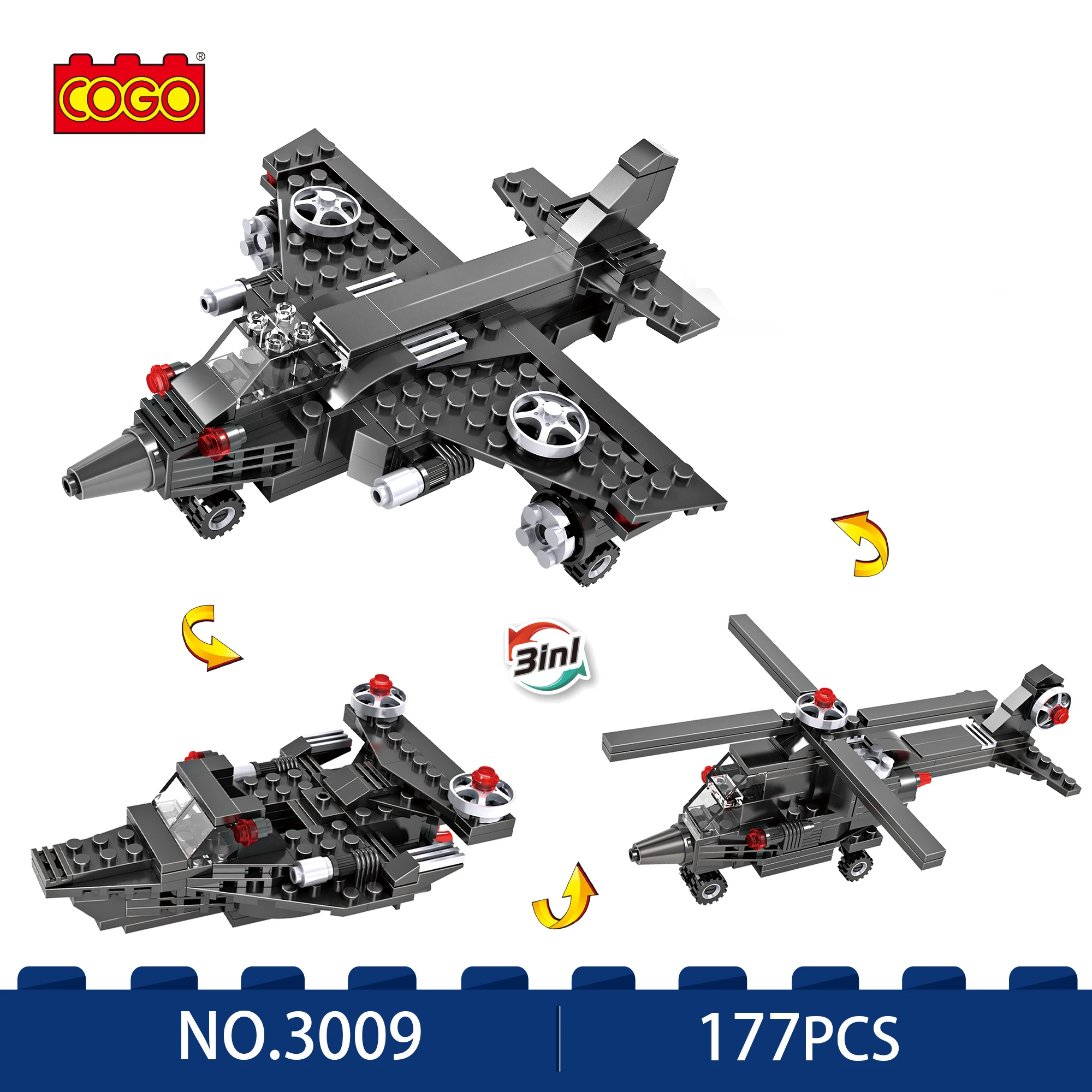 COGO 3 in 1 Blackhawk Helicopter Toy - Build and Command Your Own building block Army Men and Helicopter(177 Pcs)