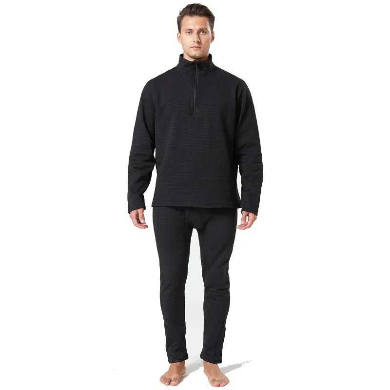 Men Grid Fleece Thermal Underwear Set Half Zip Top Long Pants Autumn Winter Warm Base Layer Suit view 6