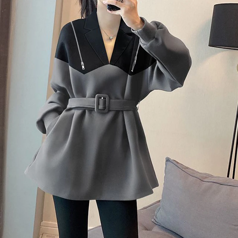 Large waist polo collar hoodie for women\'s spring new loose design with patchwork top hoodies oversized hoodie