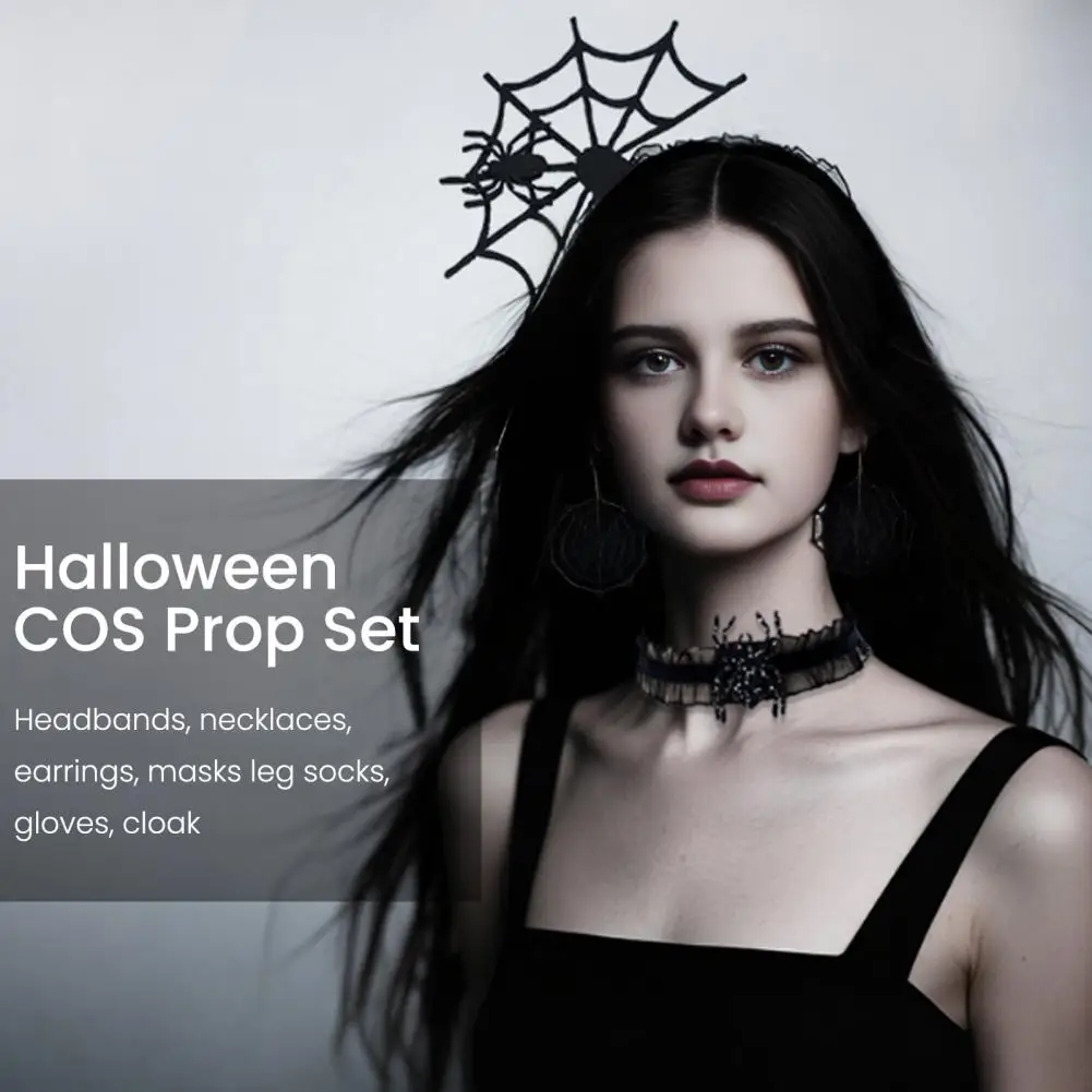 Realistic Spider Web Design for Halloween Spider Web Costume Set for Women Lace Headband Choker Gloves Cape Masque Thigh High