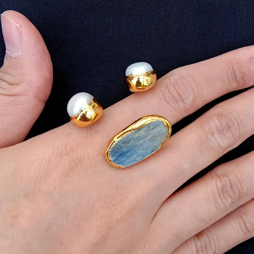 YYGEM الأحجار الكريمة الطبيعية النحاس الأبيض اللؤلؤ 15x22mm الأزرق الكيانيت خواتم الاصبع قابل للتعديل #5