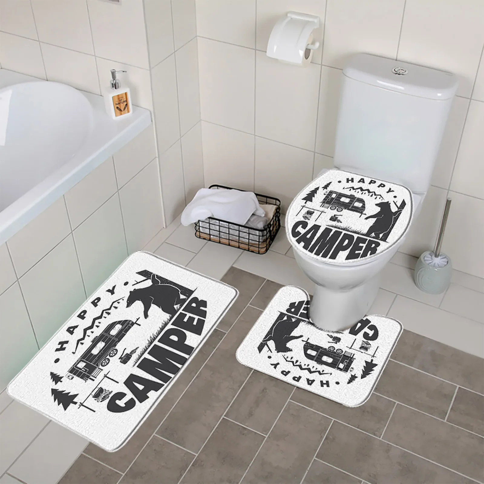Cartoon Animals 3pcs Bathroom Mat Set Funny Dinosaur Cat Dog Turtle Shower Rugs Carpet Toilet Lid Cover Anti Slip Bathroom Decor