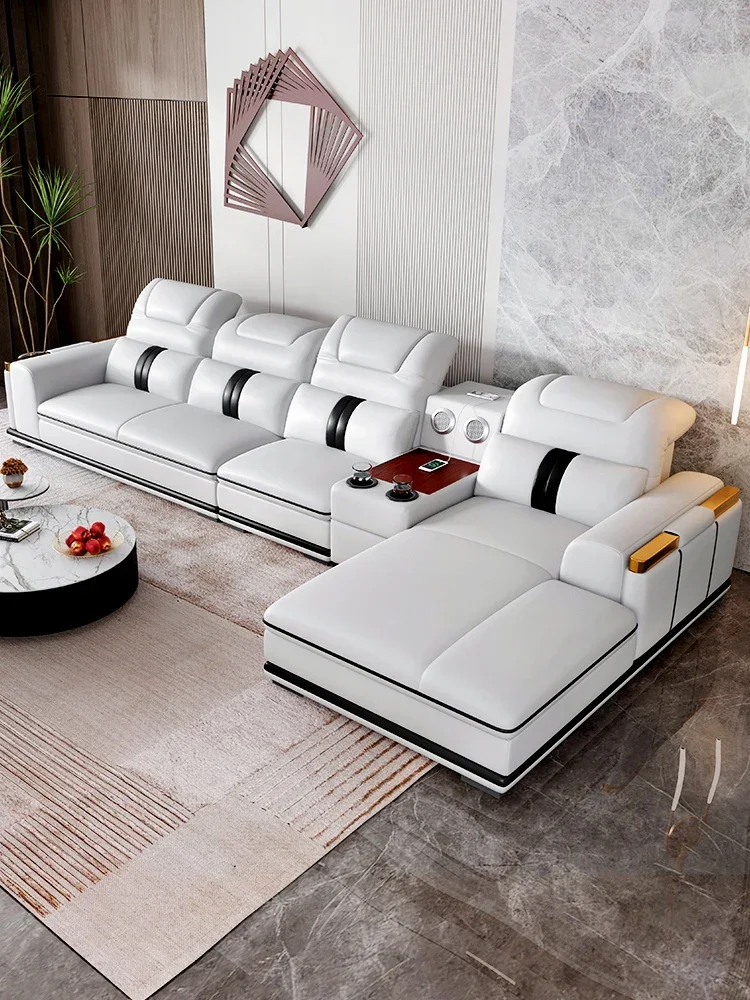 

Modern first-floor cowhide sofa living room, Italian light luxury, leather art chaise new