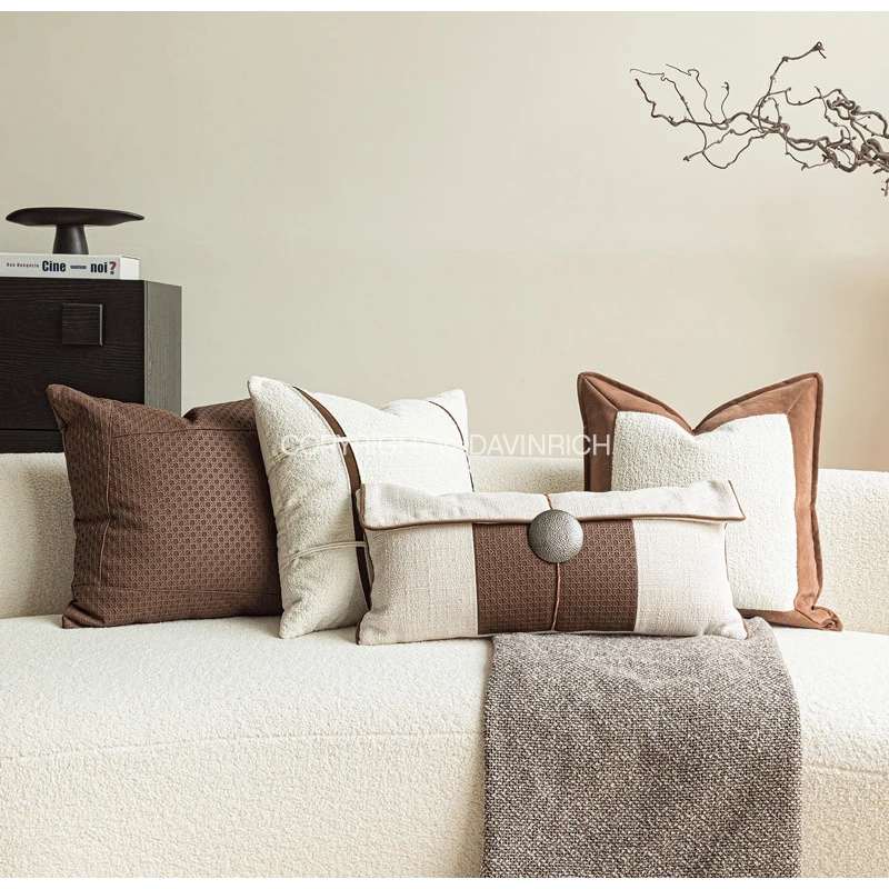 DAVINRICH Chic And Timeless Design Cushion Cover With Wide Brown Border Post-Modern Rustic Style Pillowcase For Sofa Chair Couch